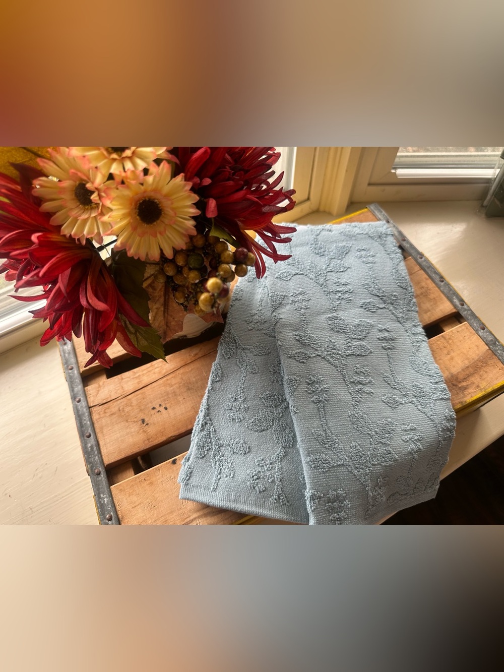 Light Blue Embossed Floral Kitchen Towel - Unbranded